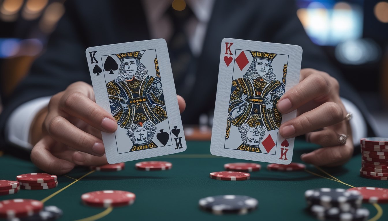 Tangan memegang dua kartu blackjack dengan efek tumpang tindih di atas meja kasino dengan chip dan kartu lainnya.