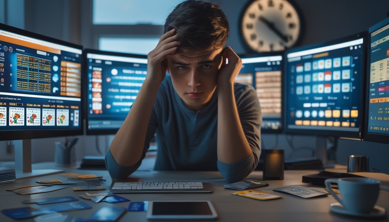 Seorang dewasa muda duduk di meja kerja dengan beberapa layar komputer yang menampilkan situs judi online, terlihat stres dan cemas dengan kartu kredit dan catatan di sekitarnya.