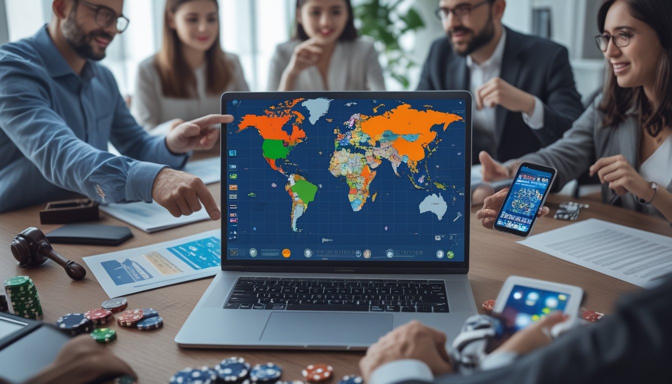 Orang-orang berbeda berdiskusi di depan laptop yang menampilkan peta dunia dengan warna berbeda untuk menunjukkan zona judi online legal dan ilegal.