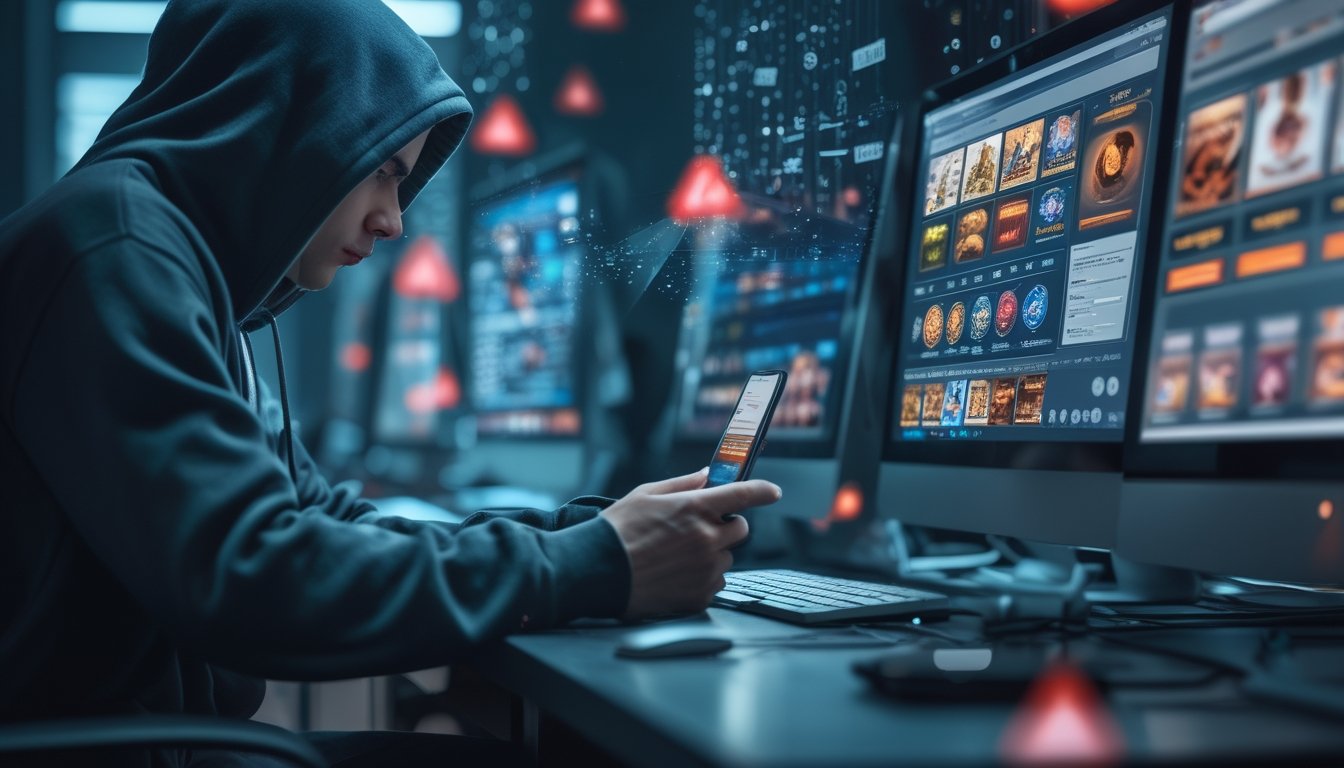Seseorang memakai hoodie duduk di depan beberapa layar komputer yang menampilkan situs judi online dengan simbol peringatan, menggambarkan penipuan judi online.