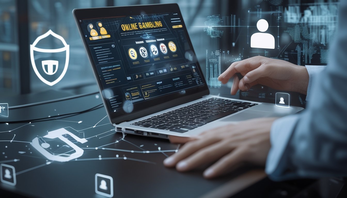 Seseorang duduk di depan laptop dengan tampilan situs judi online yang mencurigakan, dikelilingi oleh simbol peringatan dan elemen digital yang menggambarkan penipuan daring.