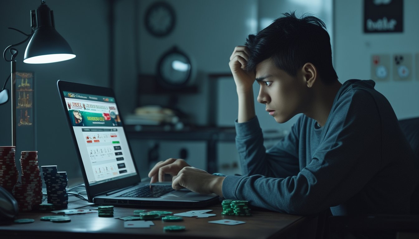 Seorang dewasa muda duduk sendirian di ruangan redup, menatap layar laptop dengan ekspresi cemas dan lelah, dikelilingi oleh barang-barang judi seperti chip poker dan kartu remi.