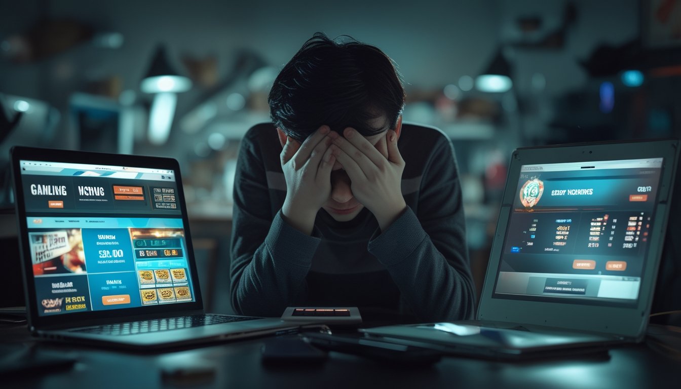 Seorang dewasa muda duduk sendirian di ruangan redup dengan ekspresi cemas dan sedih, dikelilingi perangkat digital yang menampilkan situs judi online.
