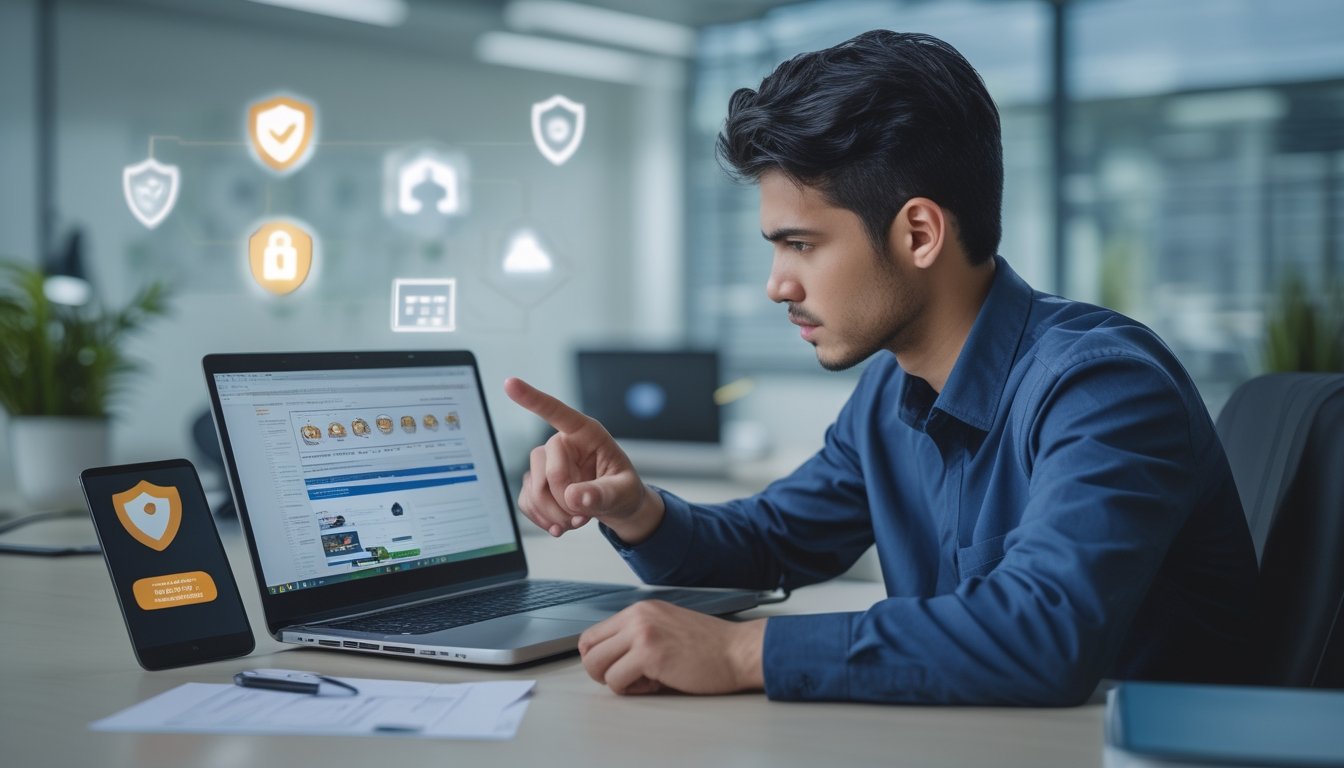 Seorang dewasa muda serius duduk di meja dengan laptop, memperhatikan layar komputer dengan fokus, di ruang kantor yang terang dan rapi, menunjukkan kewaspadaan terhadap situs judi online palsu.