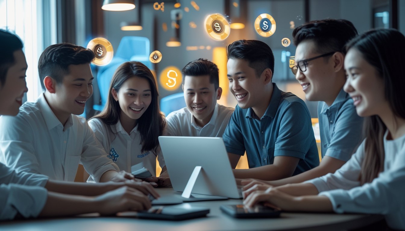 Sekelompok anak muda Indonesia sedang menggunakan perangkat digital untuk bermain judi online di ruangan modern.