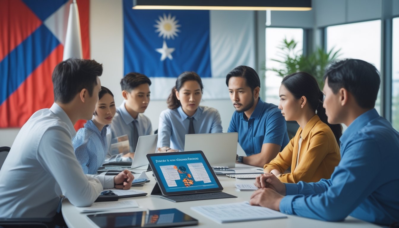 Sekelompok profesional Indonesia berdiskusi serius di ruang kantor dengan dokumen dan perangkat digital, latar belakang terdapat bendera Indonesia.