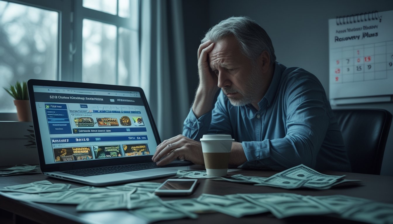 Seorang pria duduk di meja dengan ekspresi sedih dan cemas, dikelilingi oleh laptop, smartphone, dan dokumen yang menunjukkan perjuangan melawan kecanduan judi online.