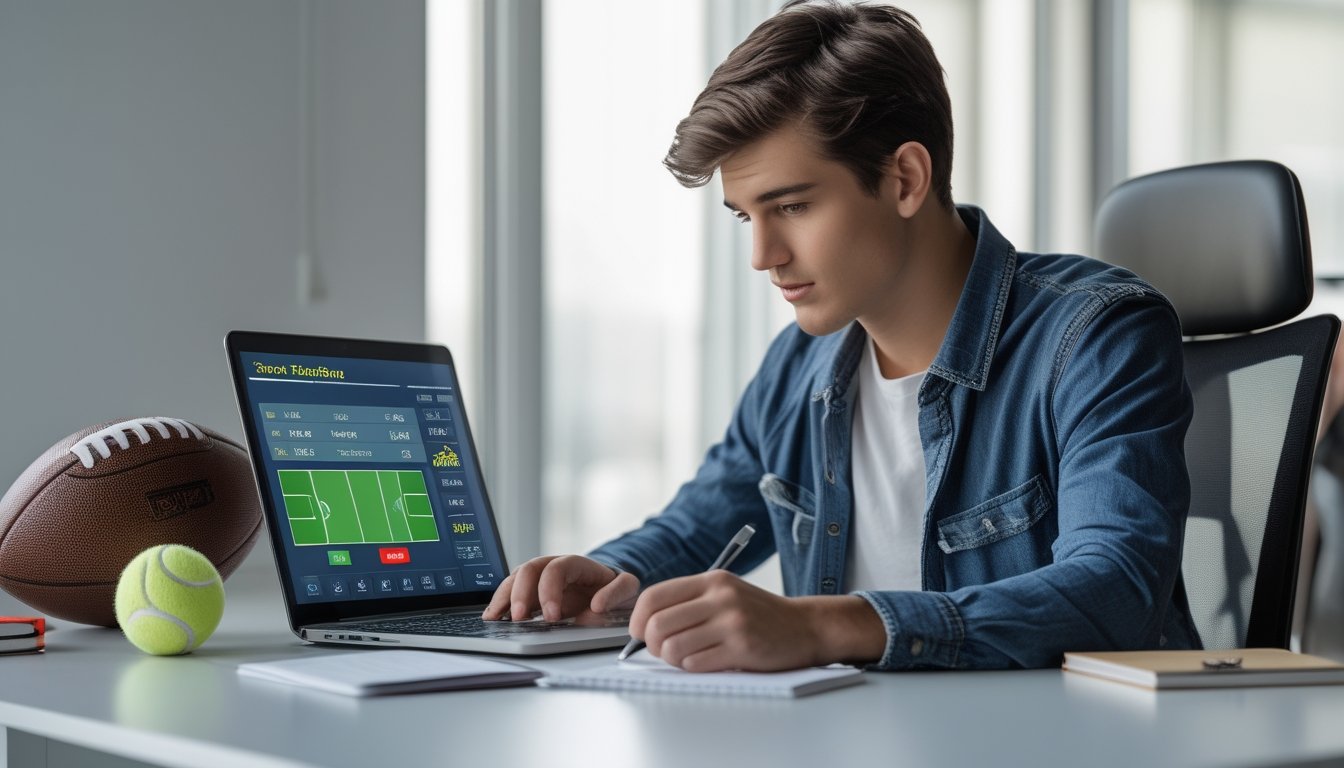 Seorang pemuda duduk di meja dengan laptop dan catatan, dikelilingi bola olahraga, fokus belajar tentang taruhan pertandingan.
