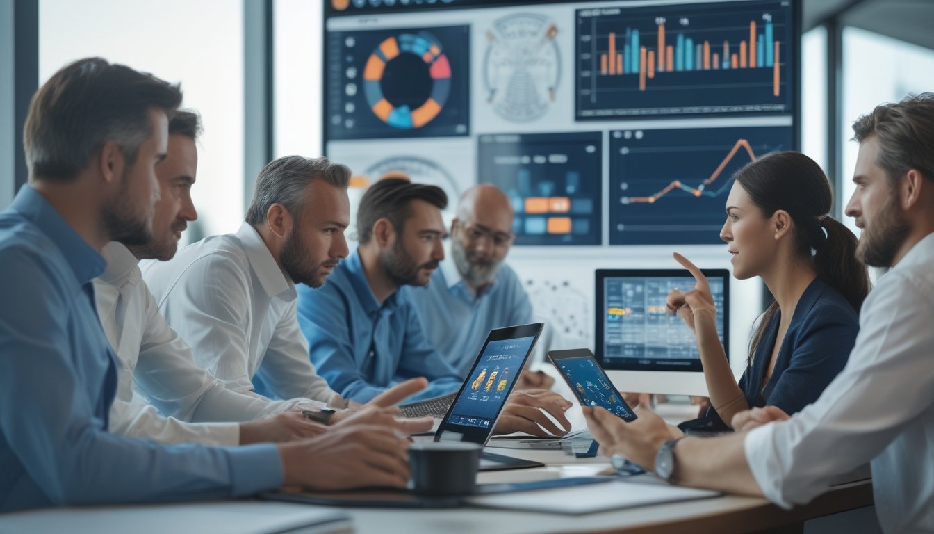 Sekelompok orang sedang menganalisis data statistik olahraga dengan perangkat digital di ruang kantor modern.