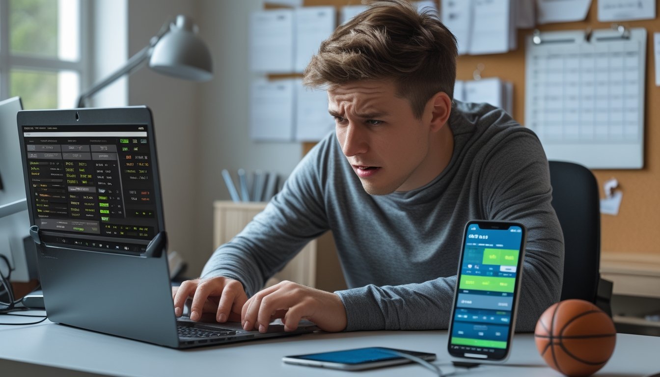 Seorang pria muda duduk di meja dengan ekspresi frustrasi sambil menggunakan laptop yang menampilkan taruhan olahraga online.