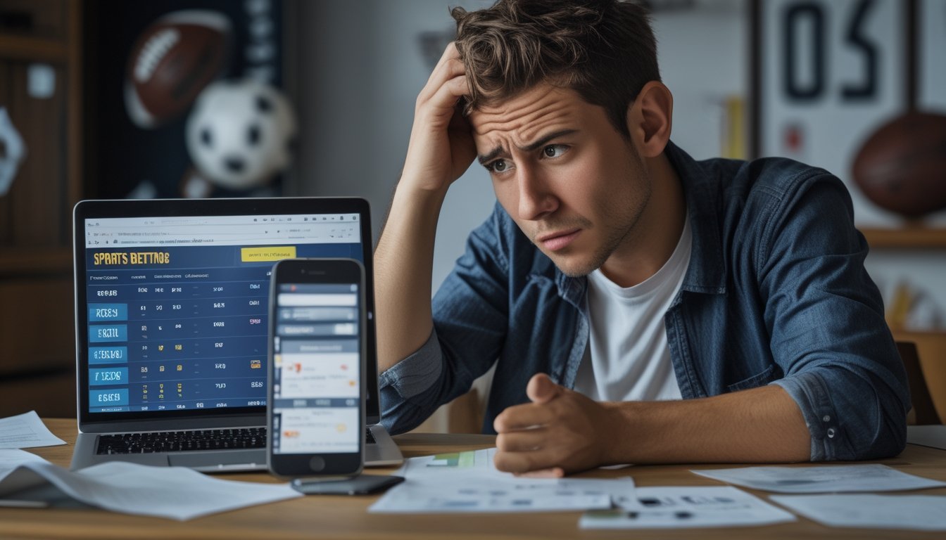 Seorang pria muda tampak bingung dan frustrasi duduk di depan laptop yang menampilkan taruhan olahraga online.