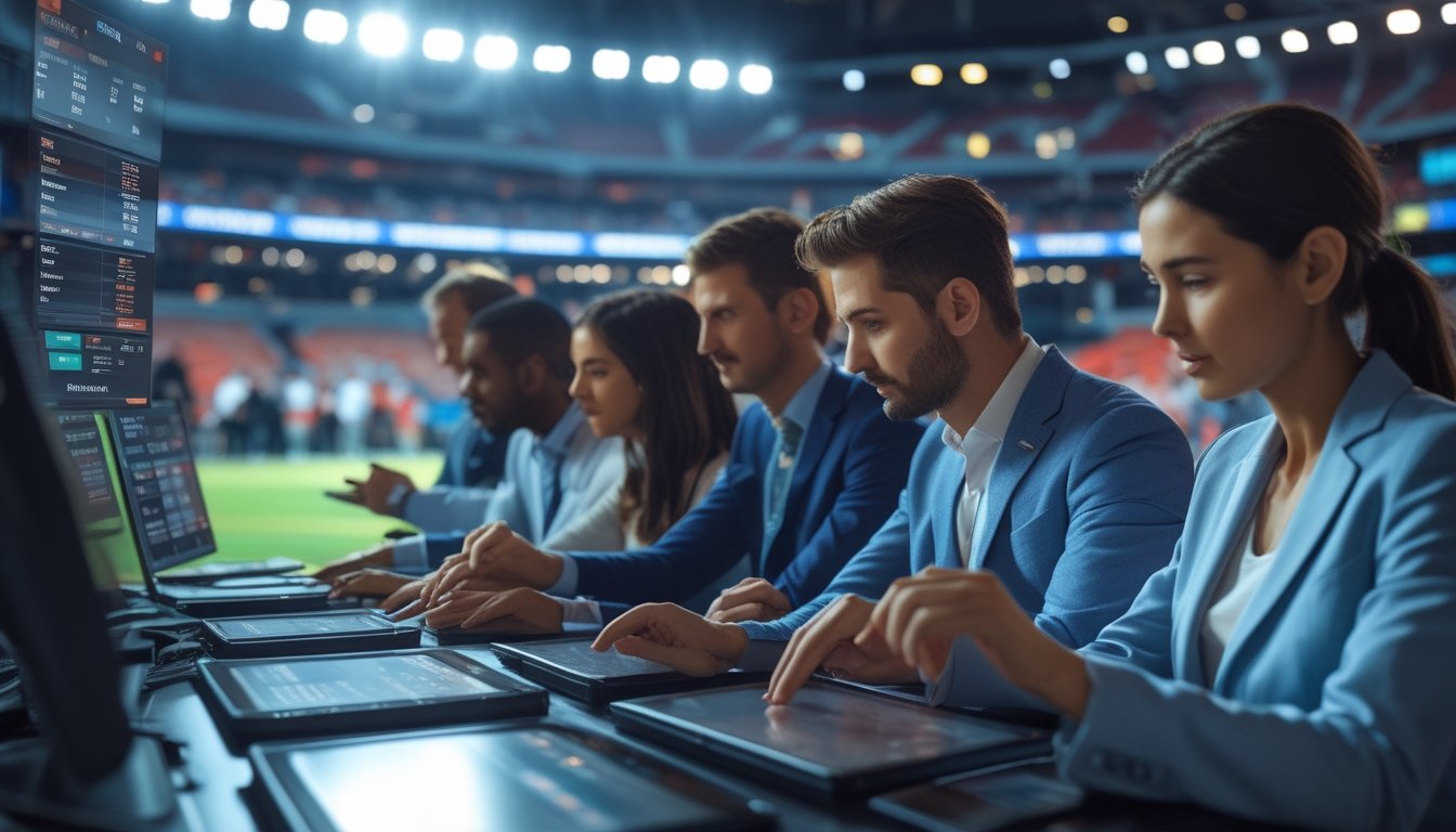 Beberapa orang sedang menggunakan perangkat digital untuk memasang taruhan olahraga dengan latar belakang stadion yang sedang berlangsung pertandingan.