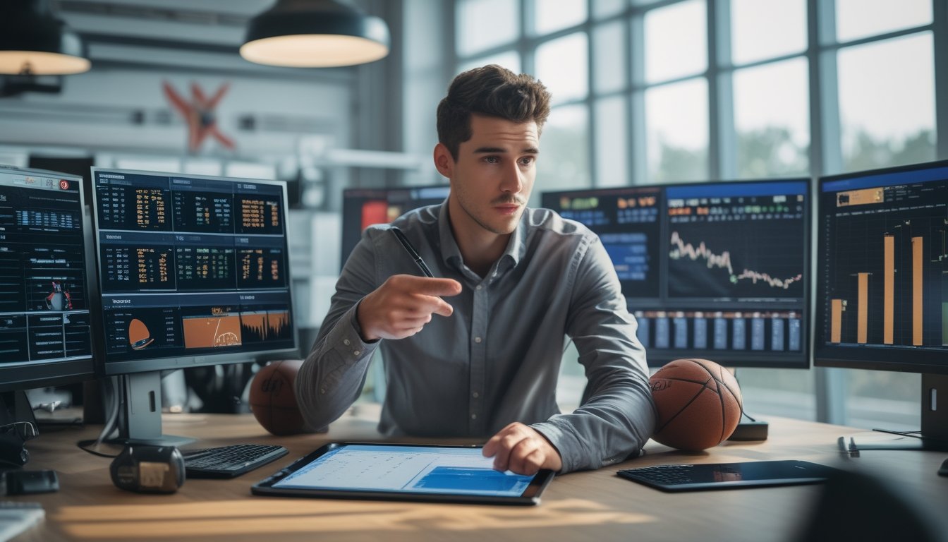 Seorang analis olahraga sedang bekerja di kantor dengan beberapa layar komputer yang menampilkan data pertandingan dan grafik.