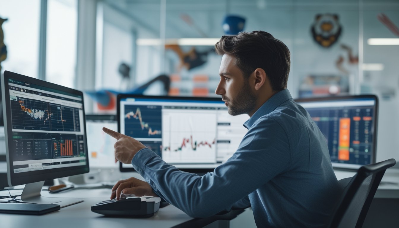 Seorang analis olahraga sedang fokus meninjau data pertandingan di beberapa layar komputer di kantor yang rapi.