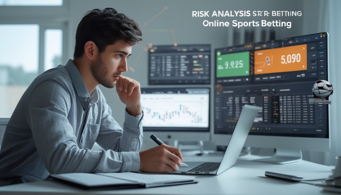 Seorang pria muda duduk di meja dengan beberapa layar menampilkan statistik olahraga dan grafik, sedang menganalisis data taruhan olahraga online.