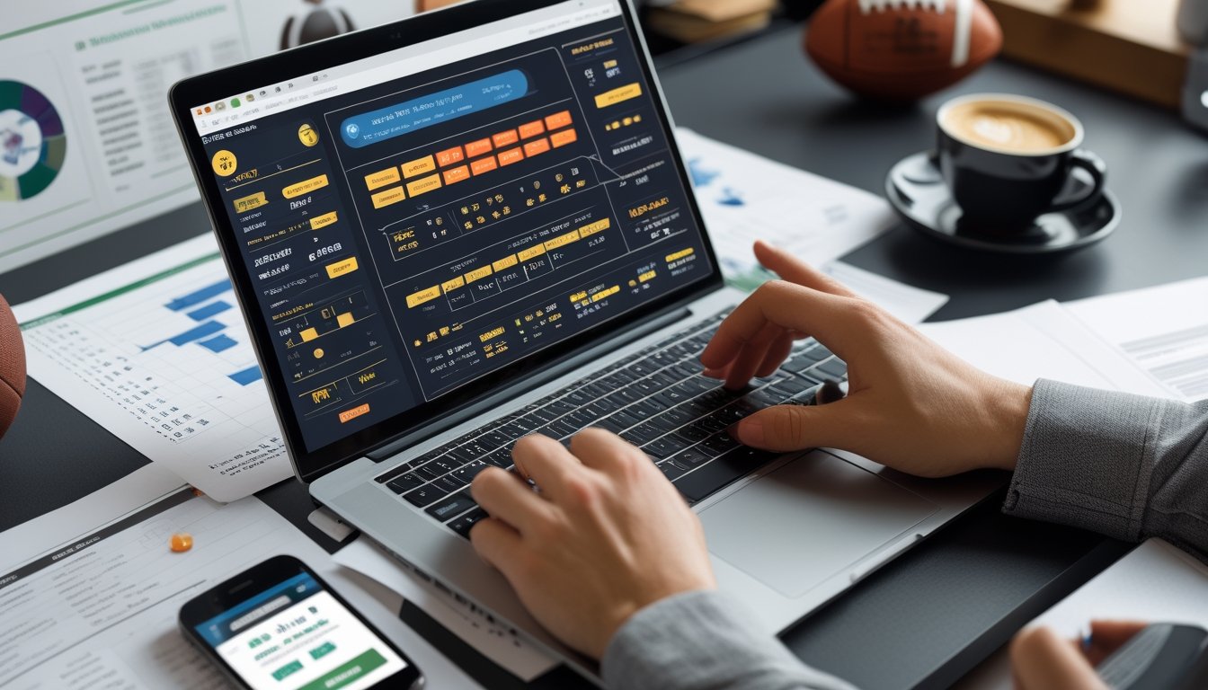 Meja kerja dengan laptop yang menampilkan statistik taruhan bola, tangan seseorang sedang mencatat, dan beberapa alat terkait sepak bola di sekitar.