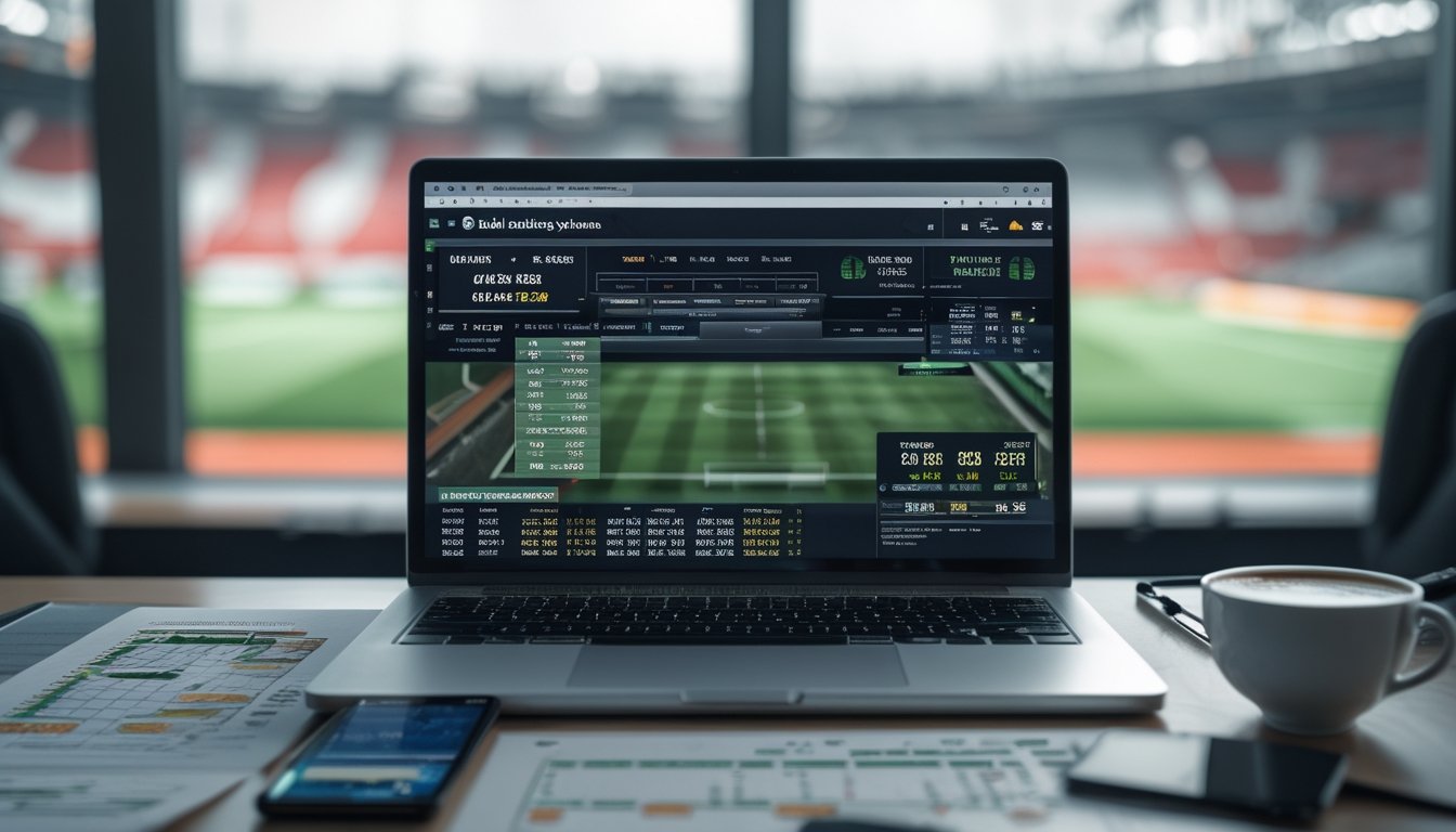 Meja kerja dengan laptop yang menampilkan statistik pertandingan sepak bola dan peluang taruhan, dilengkapi dengan catatan dan ponsel yang menunjukkan aplikasi sepak bola.
