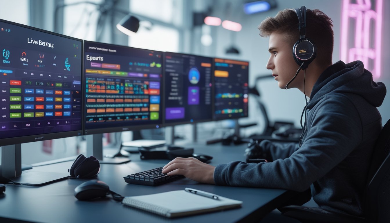Seseorang duduk di depan komputer dengan beberapa layar menampilkan permainan esports dan informasi taruhan, di meja terdapat buku catatan dan perlengkapan gaming.