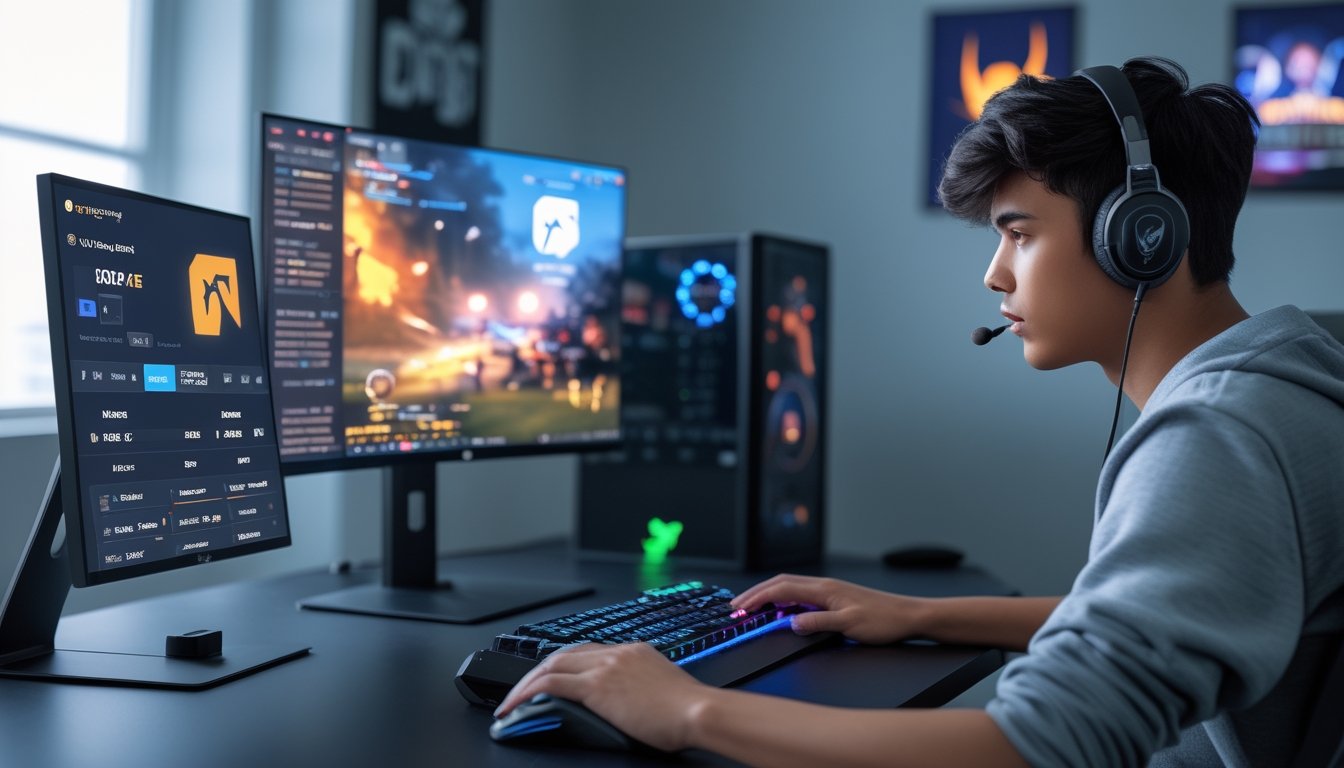 Seorang pemuda sedang bermain game esports di komputer dengan perangkat gaming lengkap dan layar menampilkan permainan, di sampingnya terdapat ponsel yang menampilkan aplikasi taruhan.