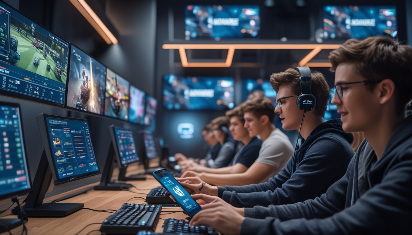 Beberapa orang muda sedang menggunakan perangkat digital untuk bertaruh pada turnamen game online dengan latar belakang layar komputer yang menampilkan permainan esports.