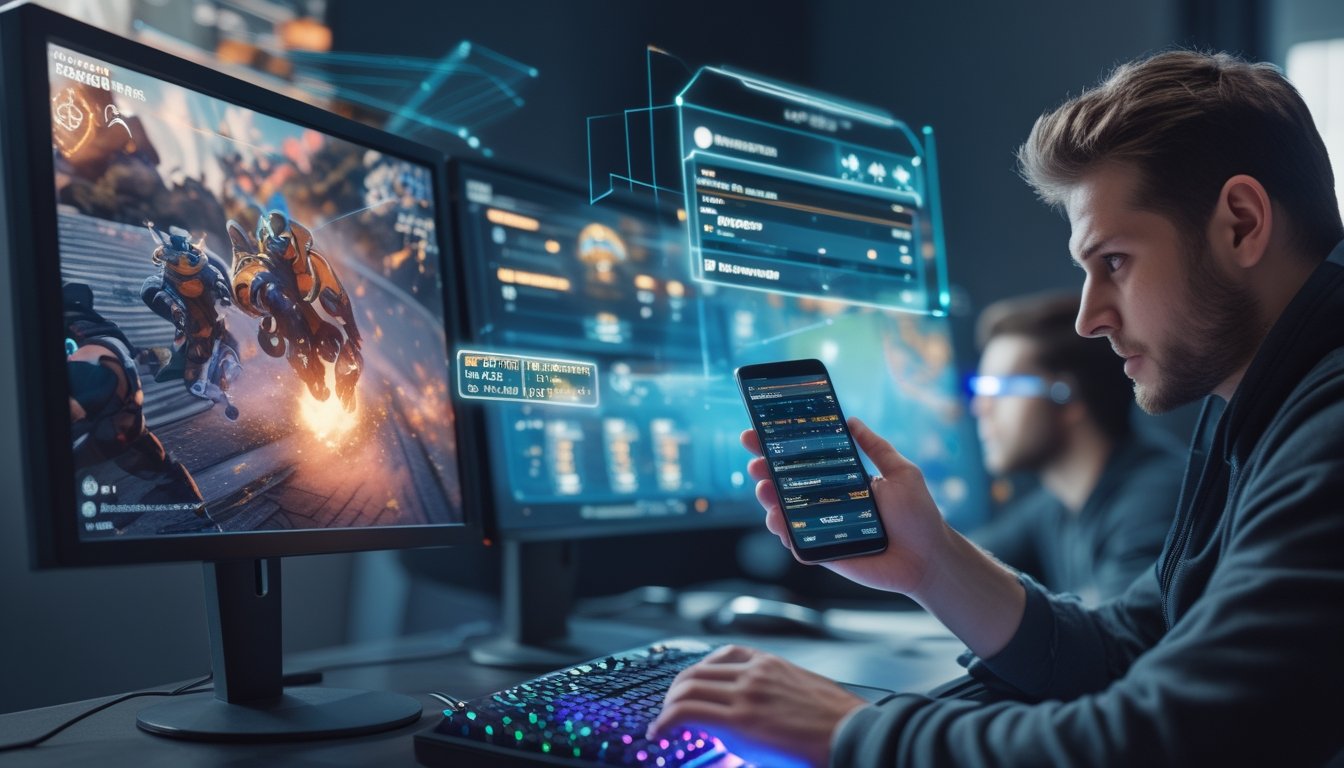 Seseorang sedang melihat layar komputer dan ponsel yang menampilkan pertandingan game online dan data taruhan.
