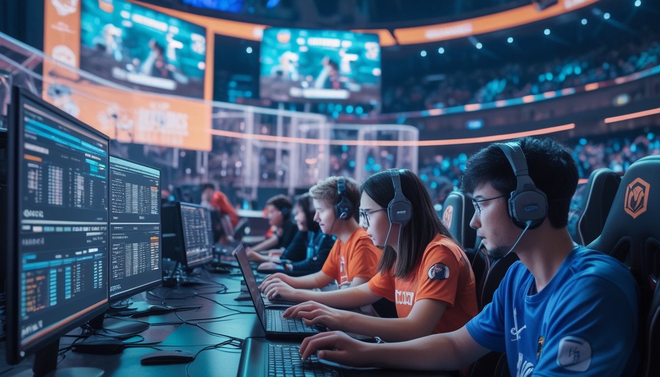 Sekelompok orang muda menggunakan laptop dan ponsel di arena esports profesional dengan layar besar menampilkan pertandingan video game kompetitif.