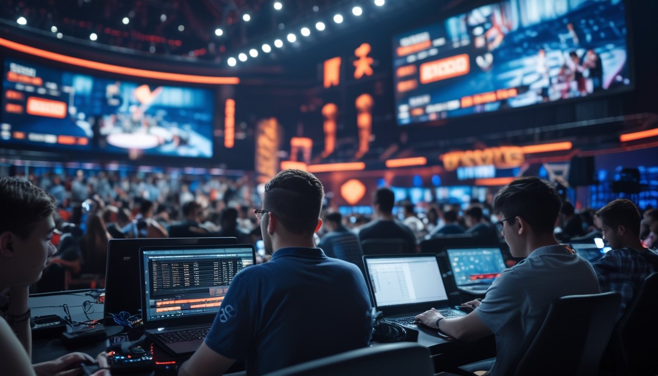 Sejumlah orang muda sedang memperhatikan layar komputer dan ponsel di arena esports dengan layar besar menampilkan pertandingan esports yang sedang berlangsung.
