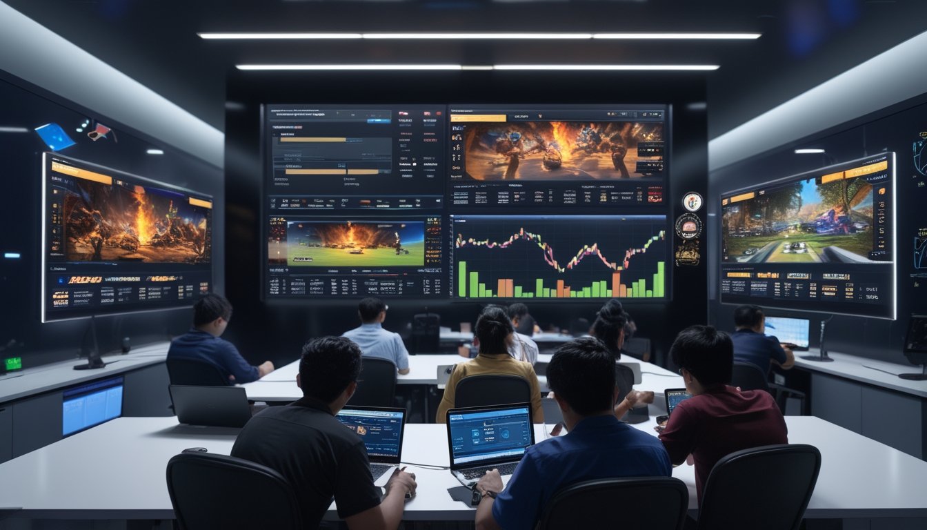Sekelompok orang muda Indonesia menggunakan komputer dan ponsel untuk memasang taruhan pada pertandingan esports di ruang kerja modern dengan beberapa layar besar yang menampilkan permainan dan data taruhan.
