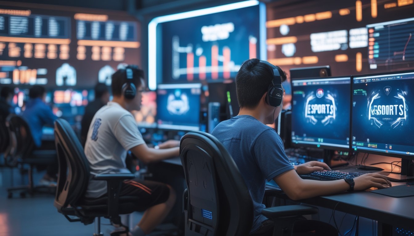 Beberapa orang muda sedang bermain dan bertaruh pada permainan esports di ruangan dengan komputer dan lampu LED.