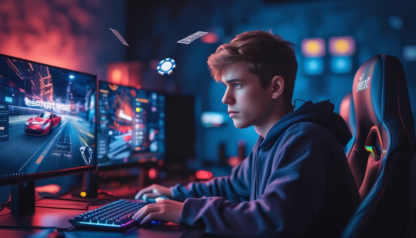 Seorang gamer muda duduk di depan komputer dengan ekspresi serius, dikelilingi oleh elemen yang menggambarkan perjudian esports.
