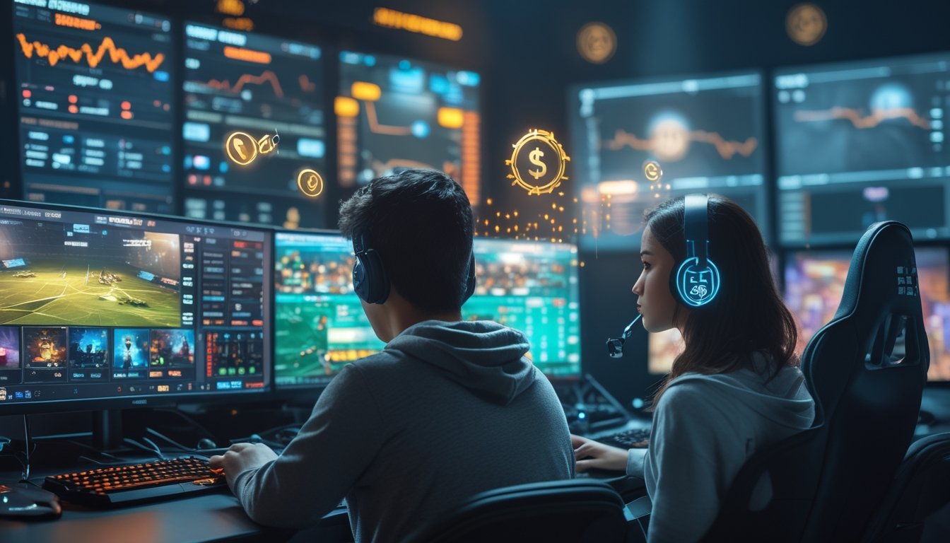 Dua orang muda duduk di depan komputer dengan layar menampilkan permainan esports dan grafik risiko, di ruangan dengan peralatan gaming.