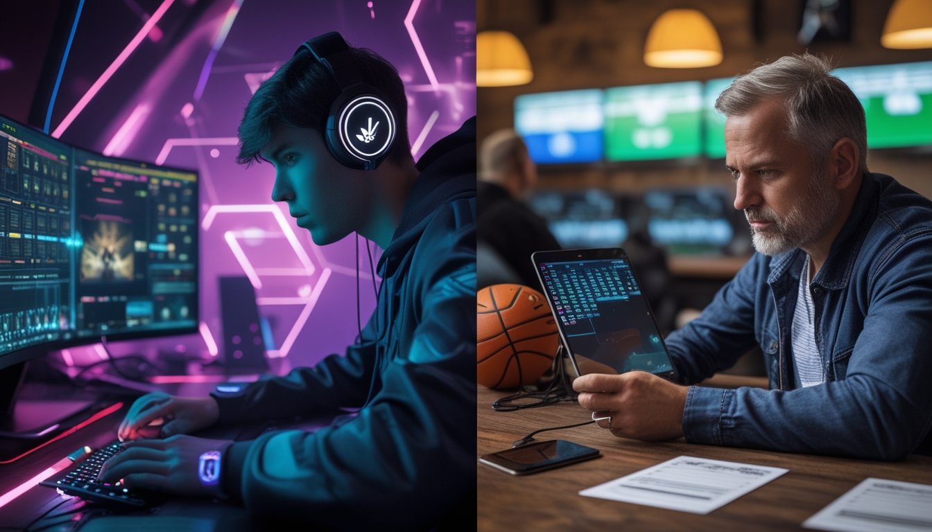Seseorang bermain game esports di komputer di sebelah kiri, dan seseorang melihat data taruhan olahraga tradisional di tablet di sebelah kanan.