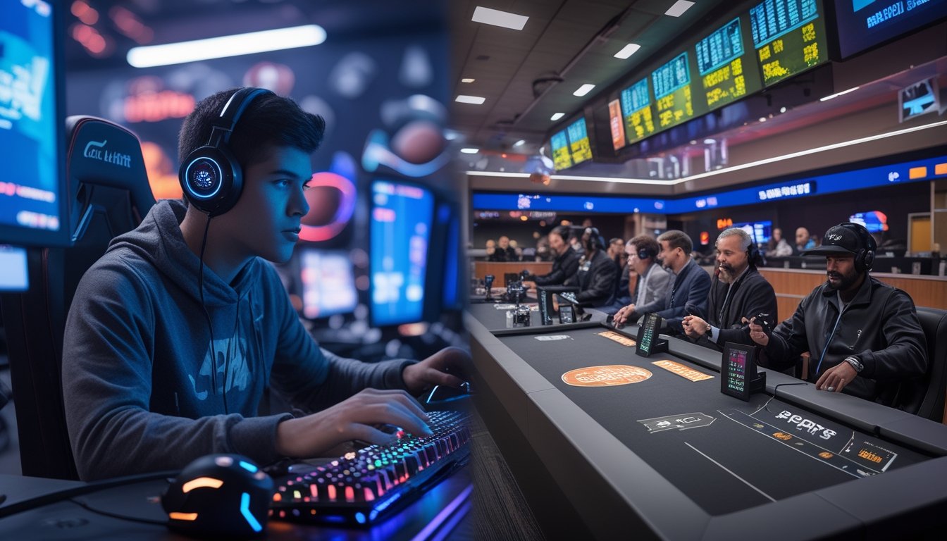 Seorang pemain esports di depan komputer dengan headset di sebelah kiri, dan sekelompok orang memasang taruhan olahraga tradisional di sebelah kanan.