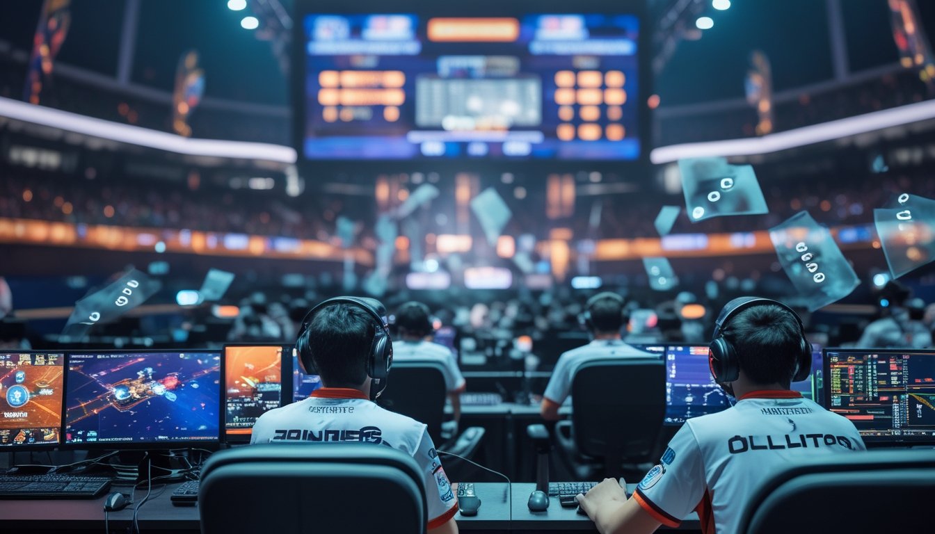 Sejumlah pemain esports internasional yang serius bermain di arena turnamen dengan layar dan peralatan gaming canggih, dikelilingi oleh grafik statistik dan penonton di latar belakang.