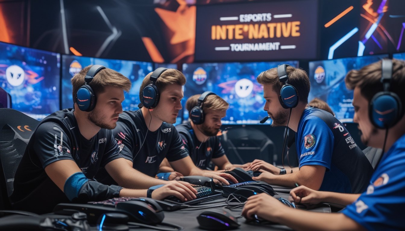 Sekelompok pemain esports sedang berkumpul dan fokus bermain dalam turnamen internasional dengan peralatan gaming canggih.
