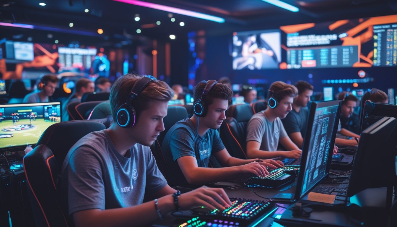 Sekelompok orang muda sedang bermain game esports di ruang bermain modern dengan layar besar dan lampu warna-warni, menunjukkan suasana kompetitif dan antusiasme.