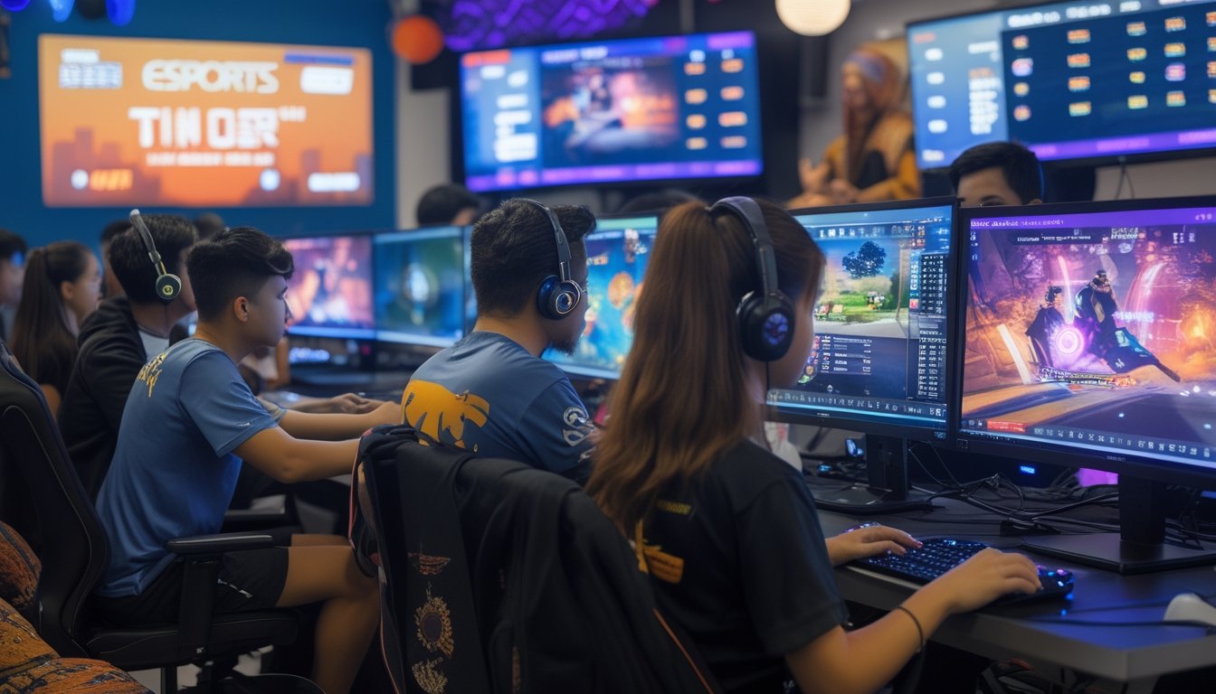 Sekelompok orang muda bermain dan menonton pertandingan esports di ruang permainan modern dengan layar komputer dan suasana penuh semangat.