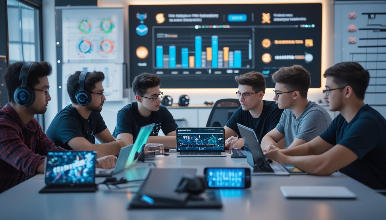 Sekelompok orang muda sedang berdiskusi serius di sekitar meja konferensi dengan perangkat digital yang menampilkan grafik dan statistik terkait esports.