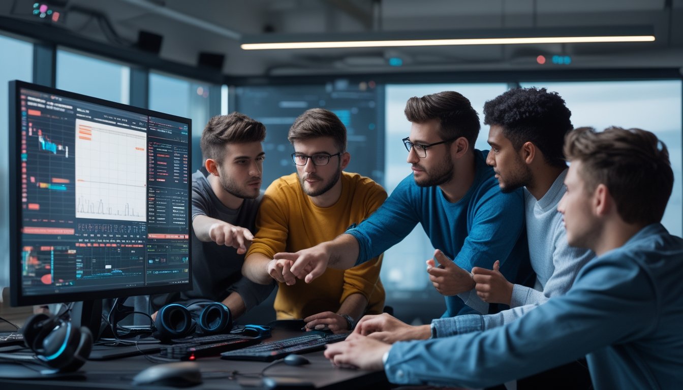Sekelompok orang muda sedang berdiskusi di depan layar komputer yang menampilkan grafik dan statistik terkait esports dalam sebuah ruang kerja modern.