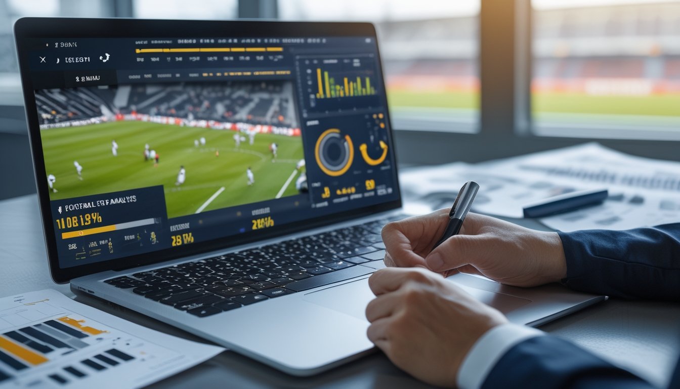 Seseorang sedang menganalisis data statistik sepak bola dengan laptop dan kertas di meja kerja, dengan latar belakang stadion sepak bola yang samar.
