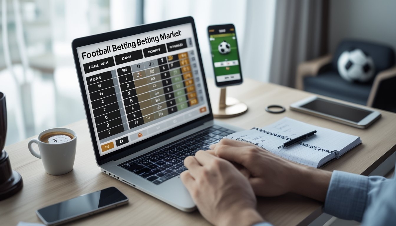 Meja kerja dengan laptop menampilkan grafik taruhan sepak bola 1X2, buku catatan dengan tulisan tangan, kopi, dan ponsel yang menunjukkan pertandingan sepak bola.