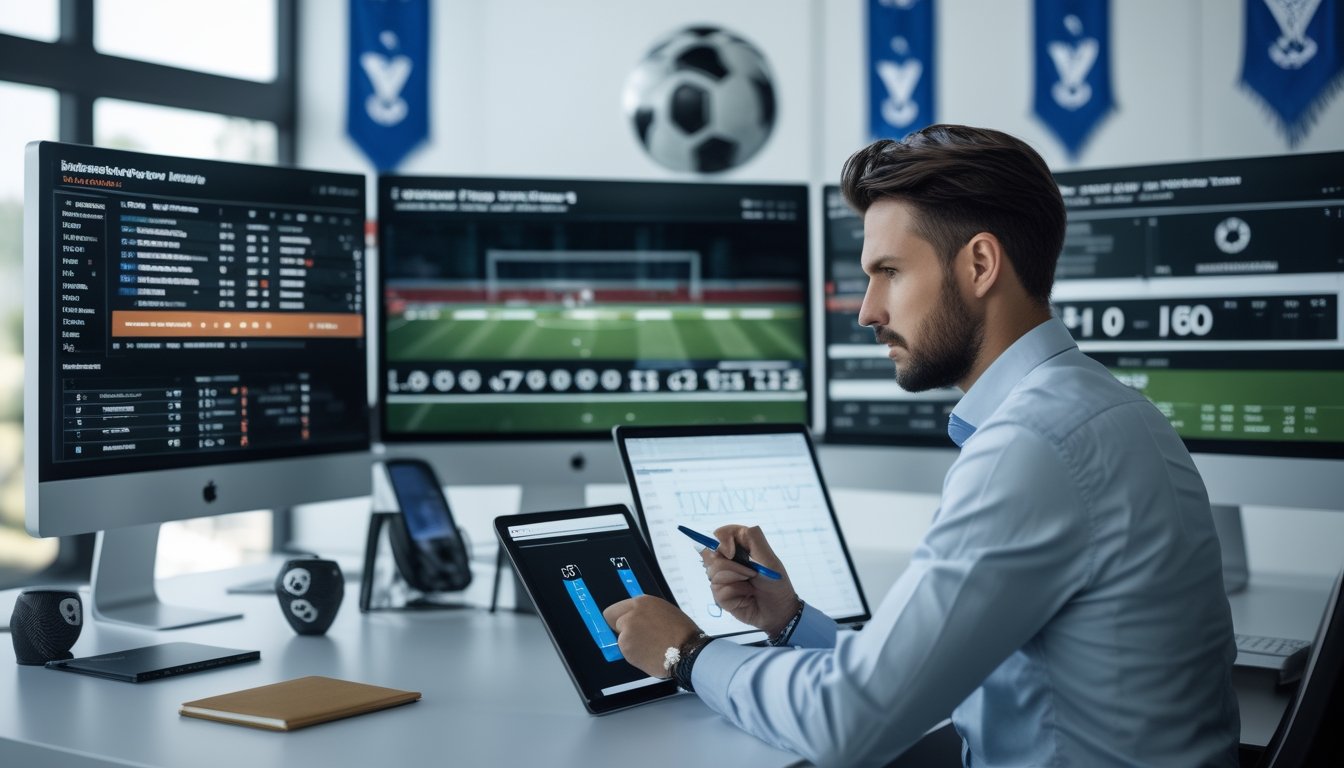 Seorang analis sepak bola sedang memeriksa data dan statistik tim terbaru di meja kerja dengan beberapa monitor dan tablet.