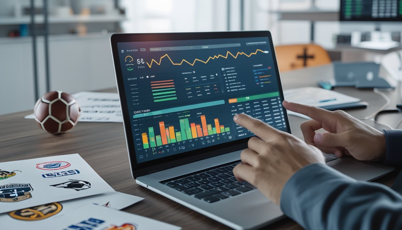 Orang sedang menganalisis data taruhan sepak bola di depan laptop dengan grafik dan statistik pertandingan.