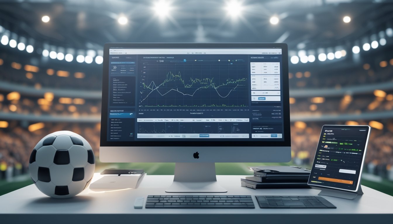 Meja kerja dengan layar komputer menampilkan data dan grafik prediksi skor sepak bola, bola sepak, papan strategi, dan latar belakang stadion penuh penonton.