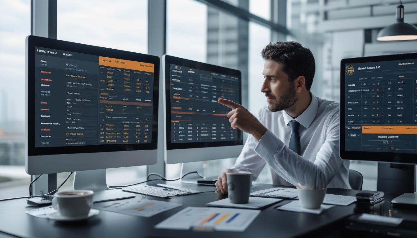 Seorang analis olahraga sedang melihat data pertandingan sepak bola dan peluang taruhan di layar komputer di sebuah kantor modern.