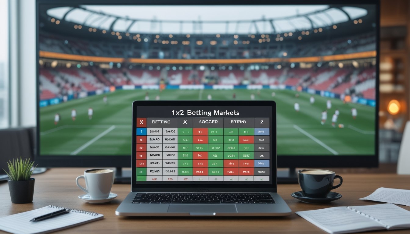 Ruang kerja dengan laptop yang menampilkan grafik peluang taruhan sepak bola 1X2, dengan layar besar yang menampilkan pertandingan sepak bola sedang berlangsung di latar belakang.