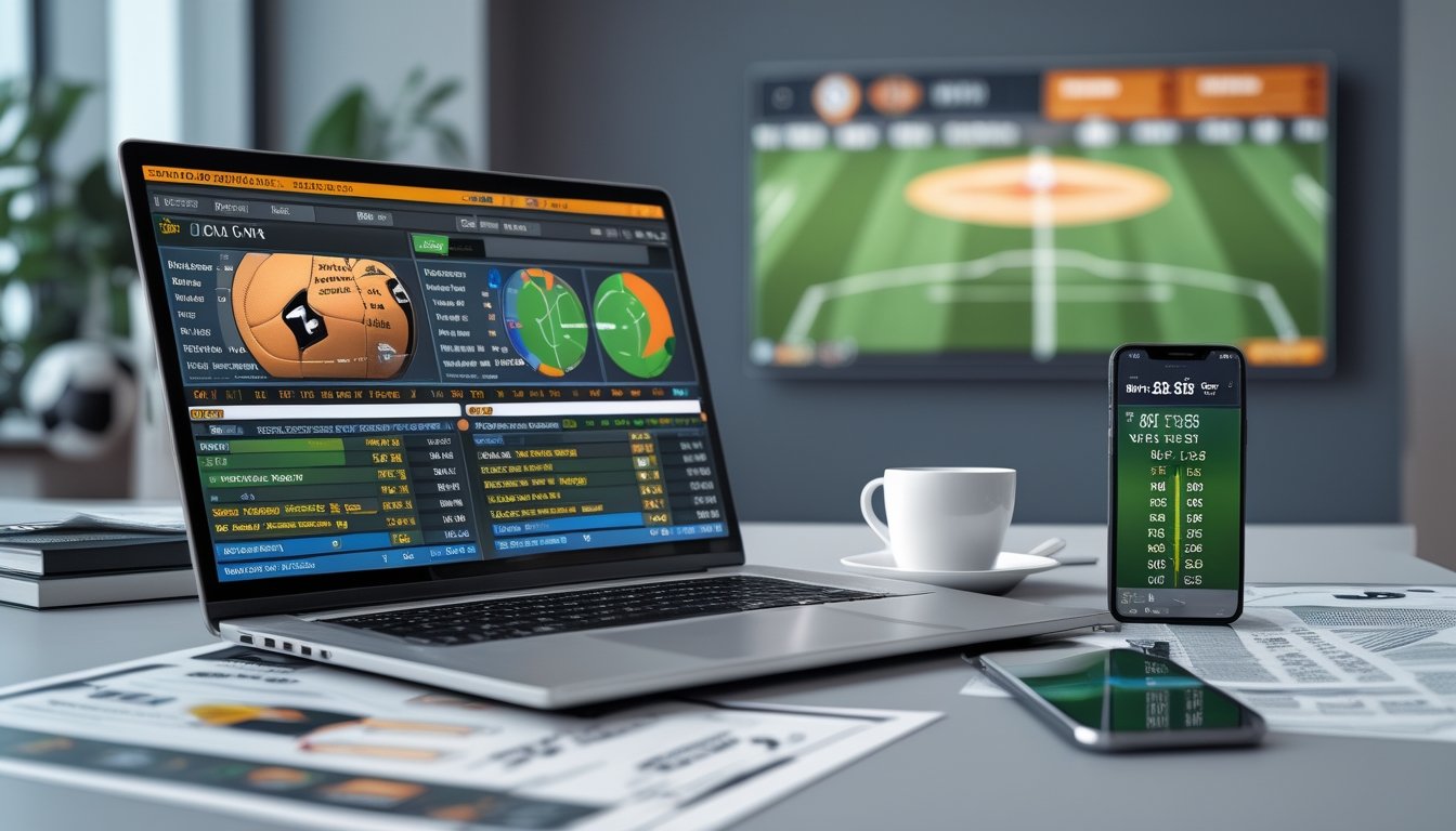 Seorang analis sepak bola bekerja di meja dengan laptop yang menampilkan data pertandingan dan grafik head to head, dikelilingi oleh dokumen dan perangkat elektronik.