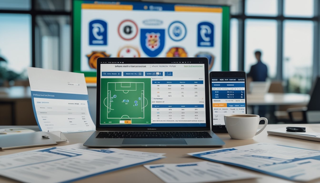 Sebuah ruang kerja dengan laptop yang menampilkan statistik sepak bola dan grafik perbandingan head to head, dikelilingi oleh dokumen dan perangkat elektronik.