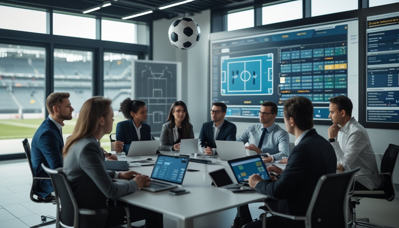 Sekelompok analis sepak bola sedang berdiskusi di ruang kantor dengan layar besar menampilkan analisis pertandingan dan data statistik.