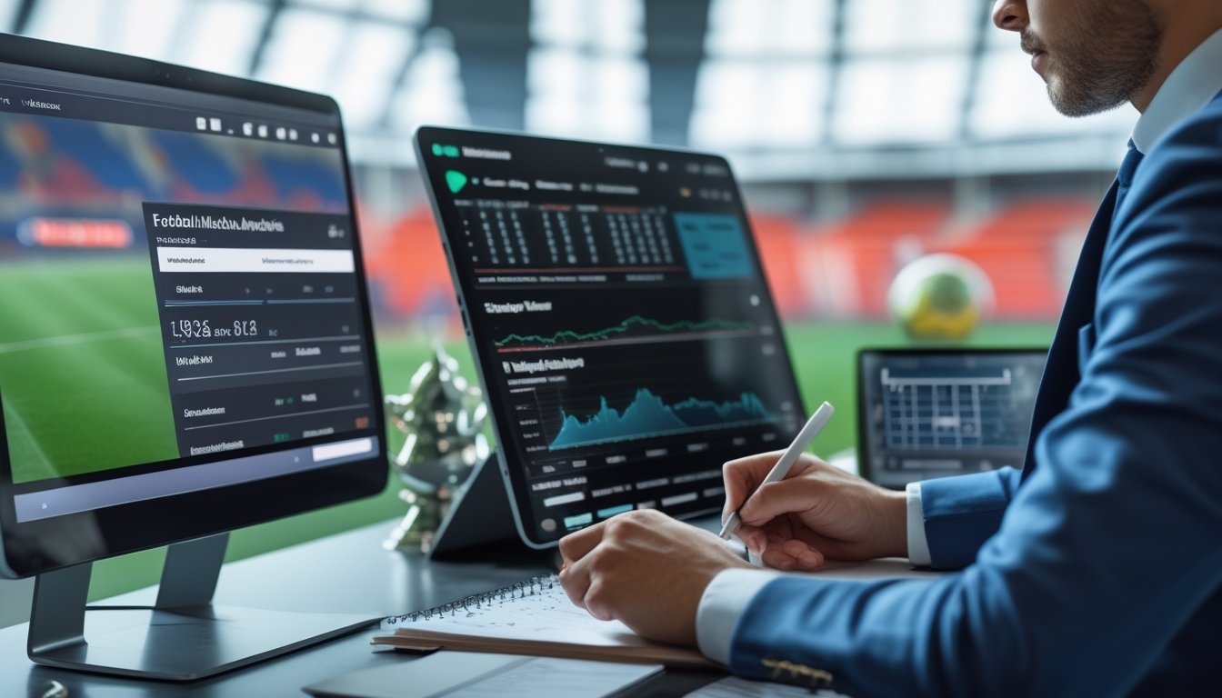 Seorang profesional sedang menganalisis data pertandingan sepak bola dengan perangkat digital di meja kerja.